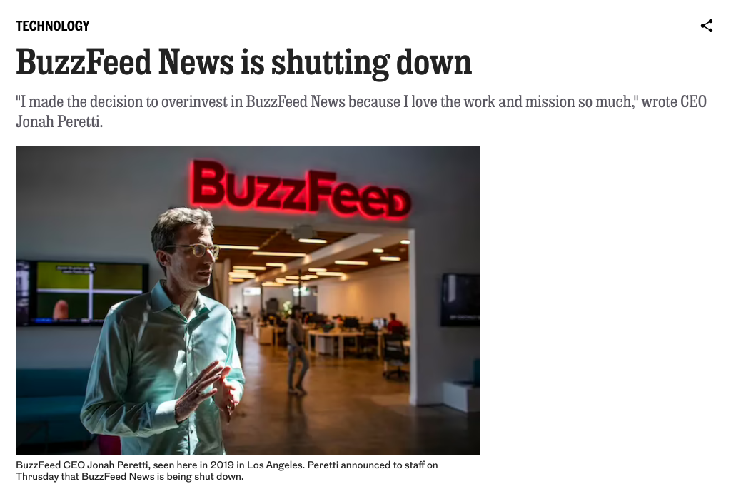 BuzzFeed to Shut Down BuzzFeed News and Lay Off 15% of Staff to Reduce Losses