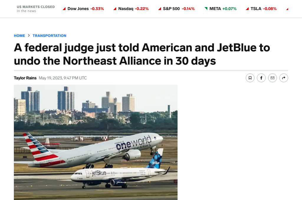 Federal Judge Orders Dissolution of American Airlines and JetBlue Airways’ Northeast Alliance Partnership for Antitrust Violations.
