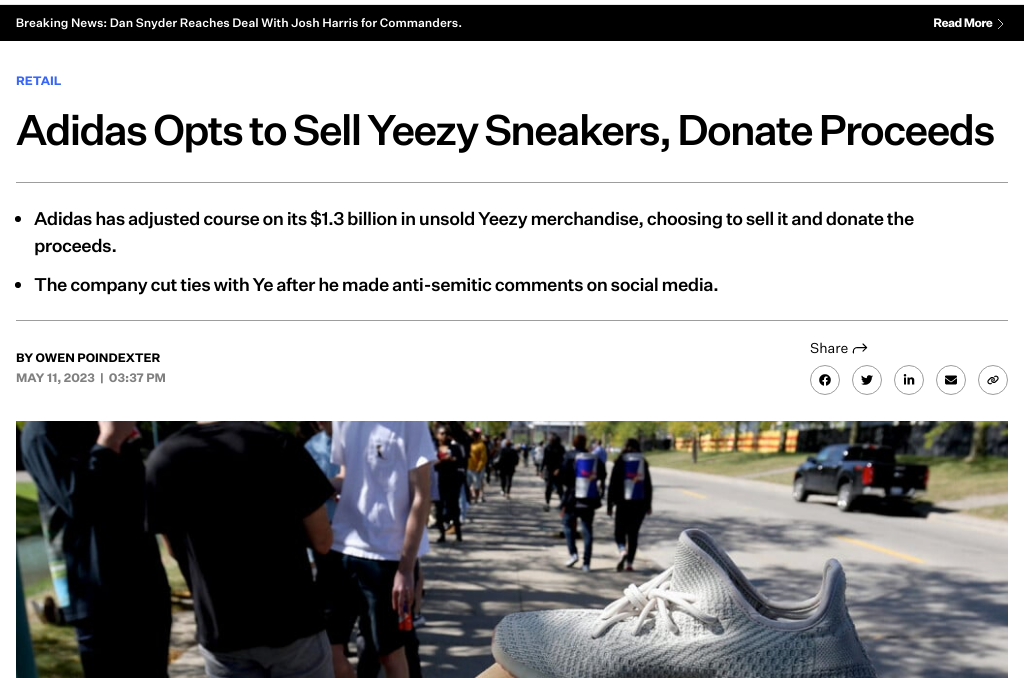 Adidas to Sell Unsold Yeezy Shoes and Donate Proceeds to Charity Following Kanye West Controversy