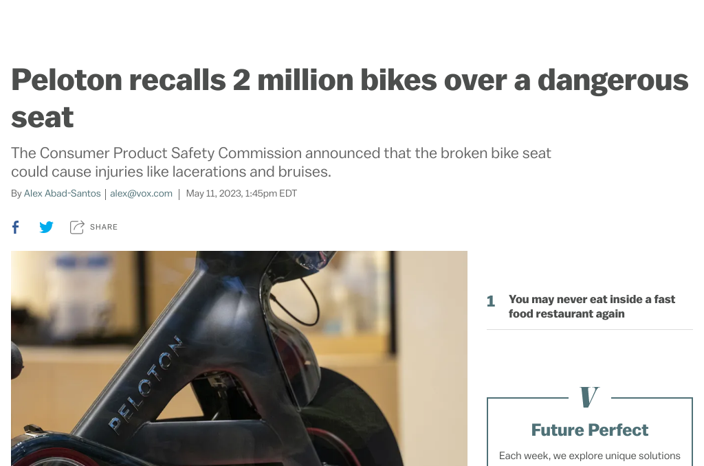 Peloton Recalls Over 2.2 Million Original Exercise Bikes Due to Safety Hazard and Offers Replacement Seat Post for Free